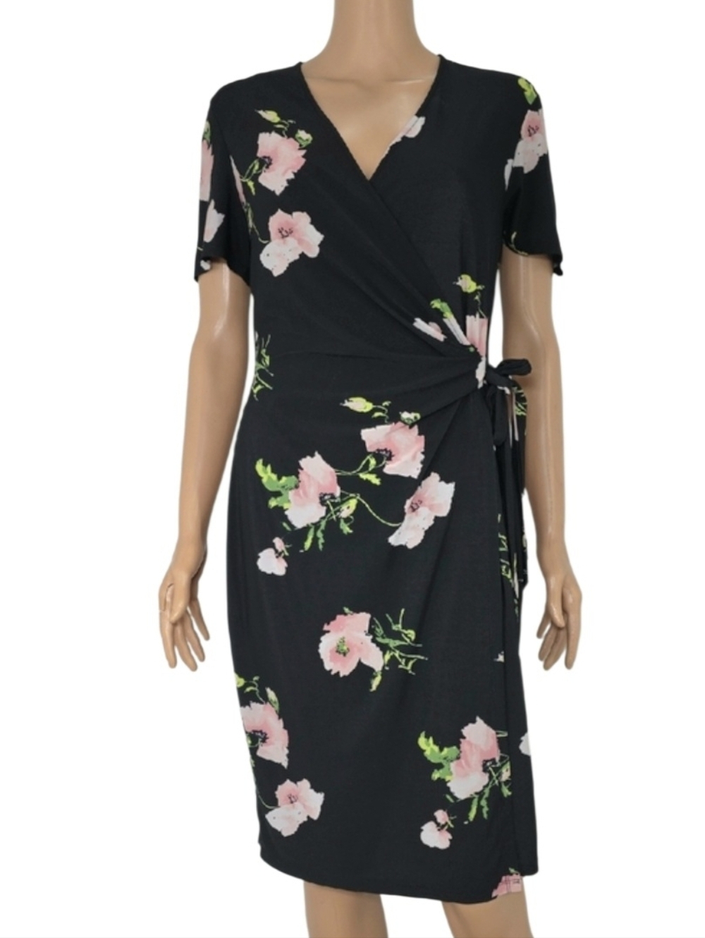 Anne Klein Floral Wrap Dress Black Pink Green Short Sleeve Knot Waist Size 10